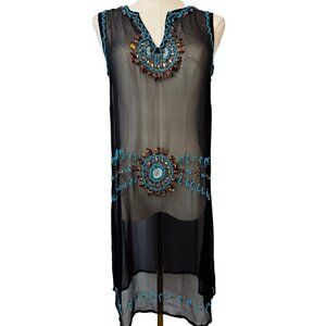 White House Black Market Small Silk Beach Cover-Up Black Blue Embroidered V-Neck